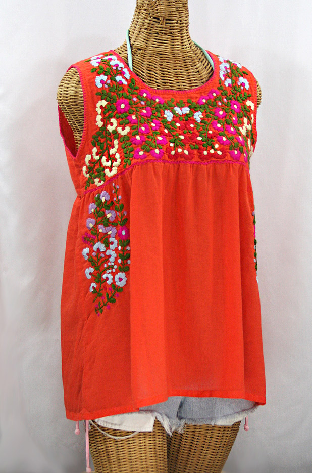 "La Sirena" Sleeveless Mexican Blouse - Orange + Multi Embroidery