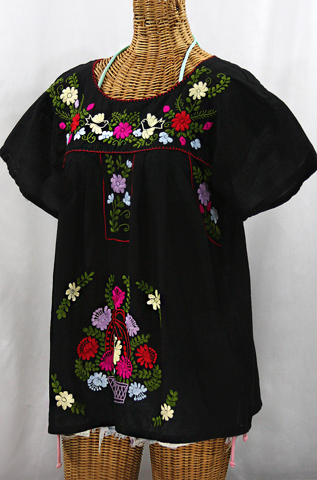 "La Valencia" Embroidered Mexican Style Peasant Top - Black + Multi