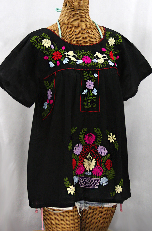 FINAL SALE -- "La Valencia" Embroidered Mexican Style Peasant Top - Black + Multi