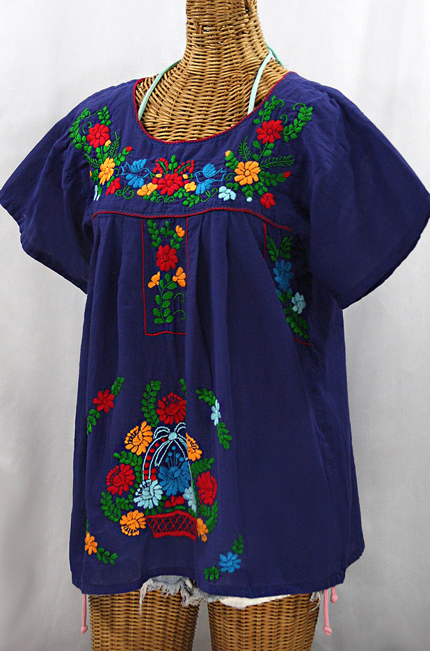 "La Valencia" Embroidered Mexican Style Peasant Top - Denim Blue + Fiesta