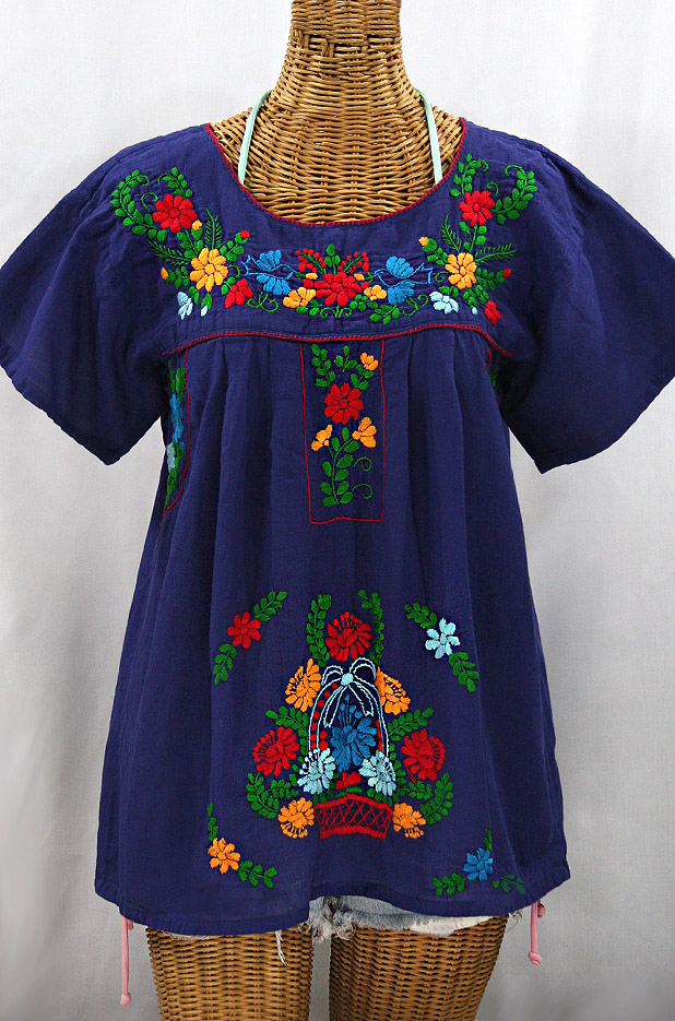 "La Valencia" Embroidered Mexican Style Peasant Top - Denim Blue + Fiesta