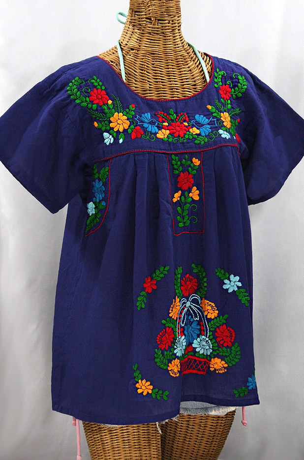 "La Valencia" Embroidered Mexican Style Peasant Top - Denim Blue + Fiesta