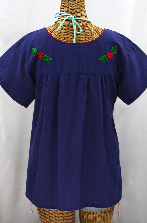 "La Valencia" Embroidered Mexican Style Peasant Top - Denim Blue + Fiesta