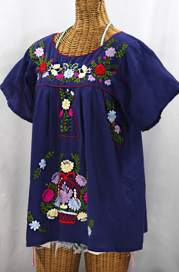 "La Valencia" Embroidered Mexican Style Peasant Top - Denim Blue + Multi