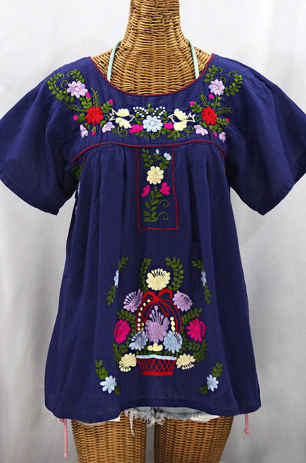 "La Valencia" Embroidered Mexican Style Peasant Top - Denim Blue + Multi