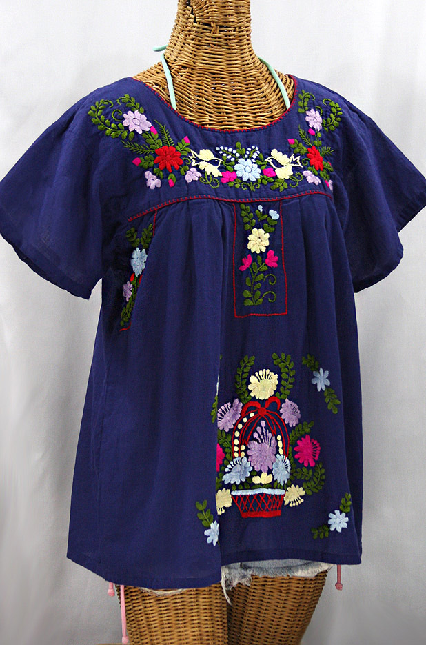 "La Valencia" Embroidered Mexican Style Peasant Top - Denim Blue + Multi