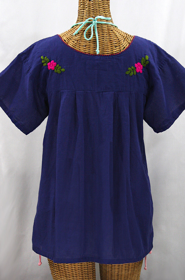 "La Valencia" Embroidered Mexican Style Peasant Top - Denim Blue + Multi