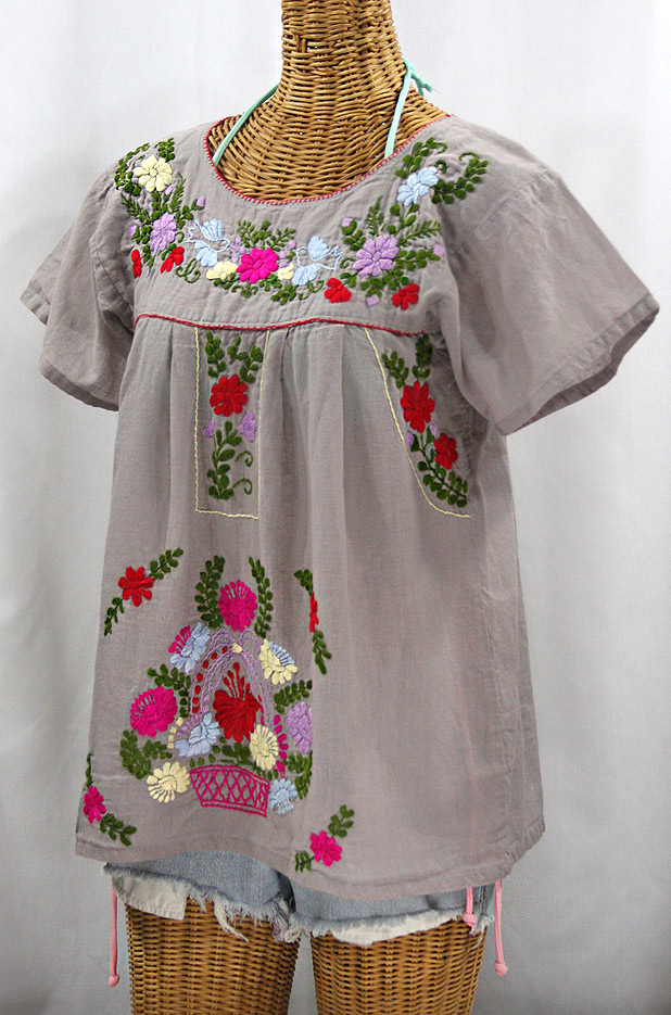 "La Valencia" Embroidered Mexican Style Peasant Top - Grey + Multi