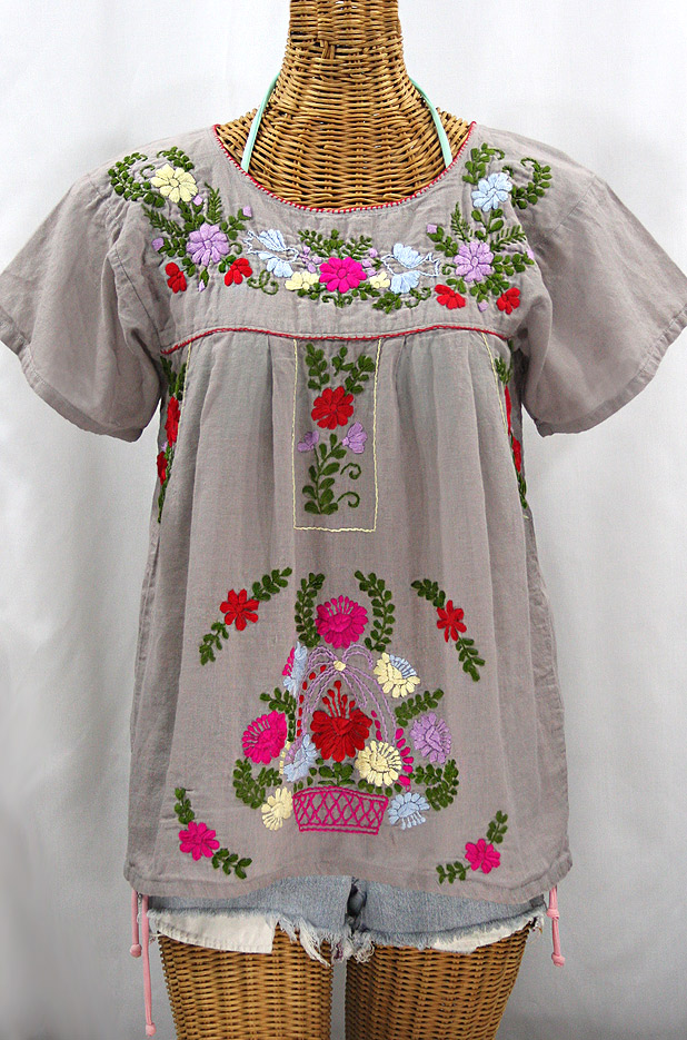 "La Valencia" Embroidered Mexican Style Peasant Top - Grey + Multi