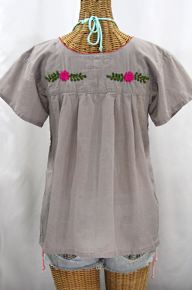 "La Valencia" Embroidered Mexican Style Peasant Top - Grey + Multi