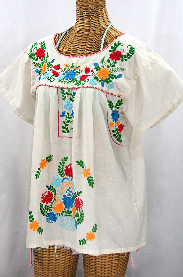 "La Valencia" Embroidered Mexican Style Peasant Top - Off White + Fiesta