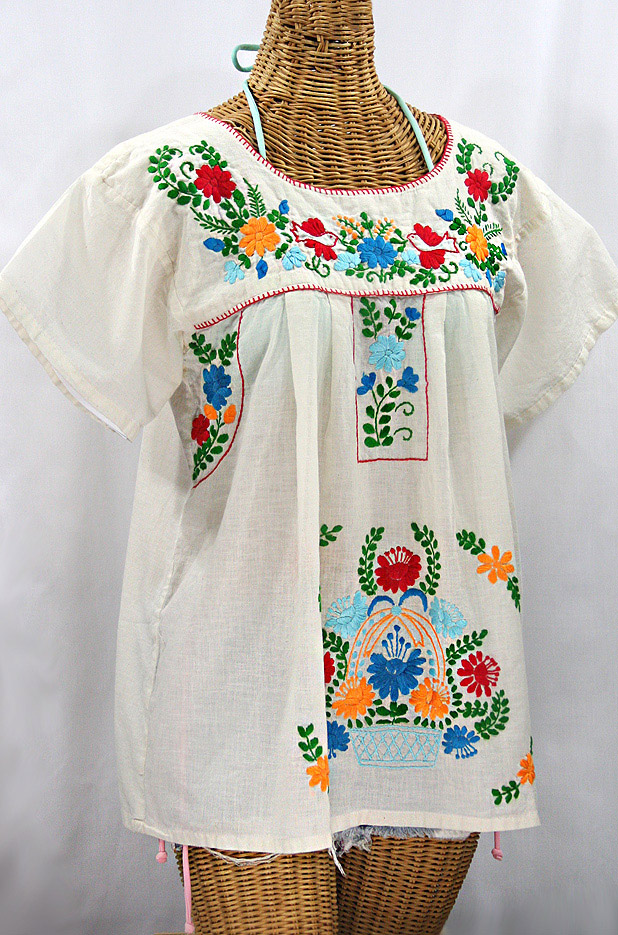 "La Valencia" Embroidered Mexican Style Peasant Top - Off White + Fiesta