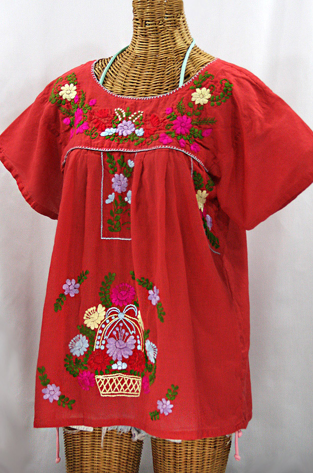 "La Valencia" Embroidered Mexican Style Peasant Top - Tomato Red + Multi