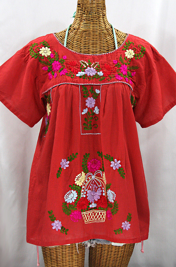 "La Valencia" Embroidered Mexican Style Peasant Top - Tomato Red + Multi