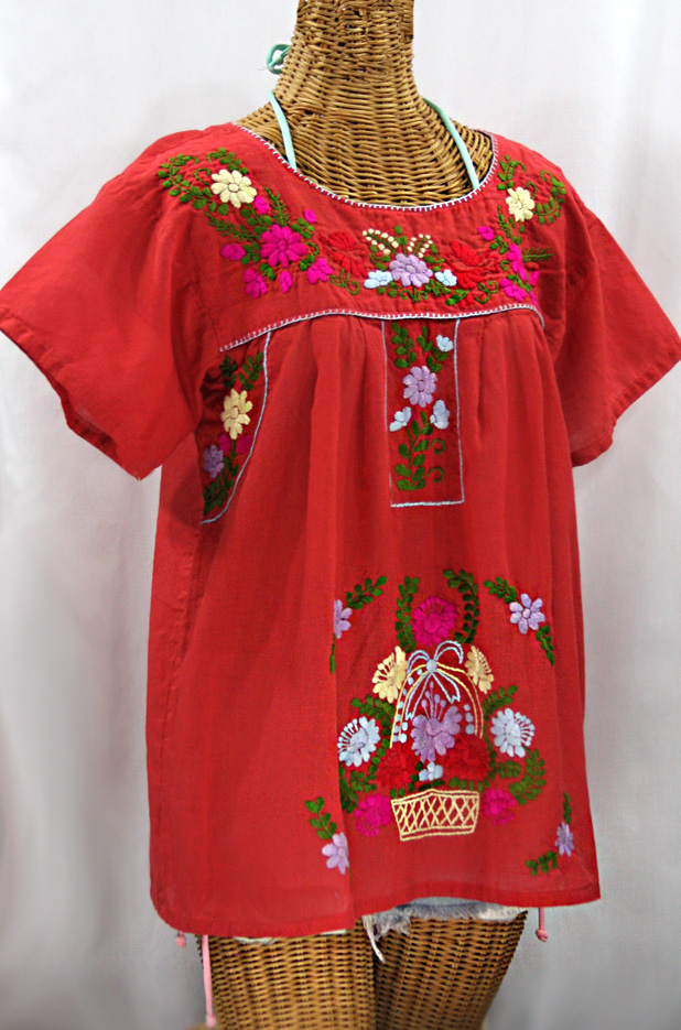 "La Valencia" Embroidered Mexican Style Peasant Top - Tomato Red + Multi