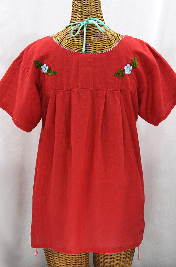 "La Valencia" Embroidered Mexican Style Peasant Top - Tomato Red + Multi