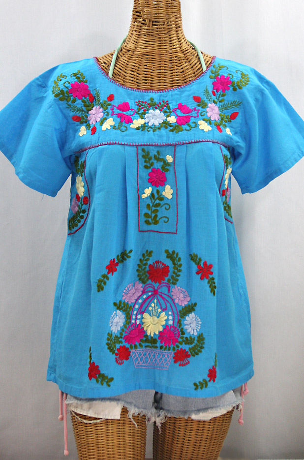 "La Valencia" Embroidered Mexican Style Peasant Top -Aqua + Multi