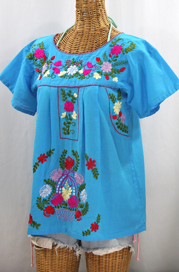 "La Valencia" Embroidered Mexican Style Peasant Top -Aqua + Multi