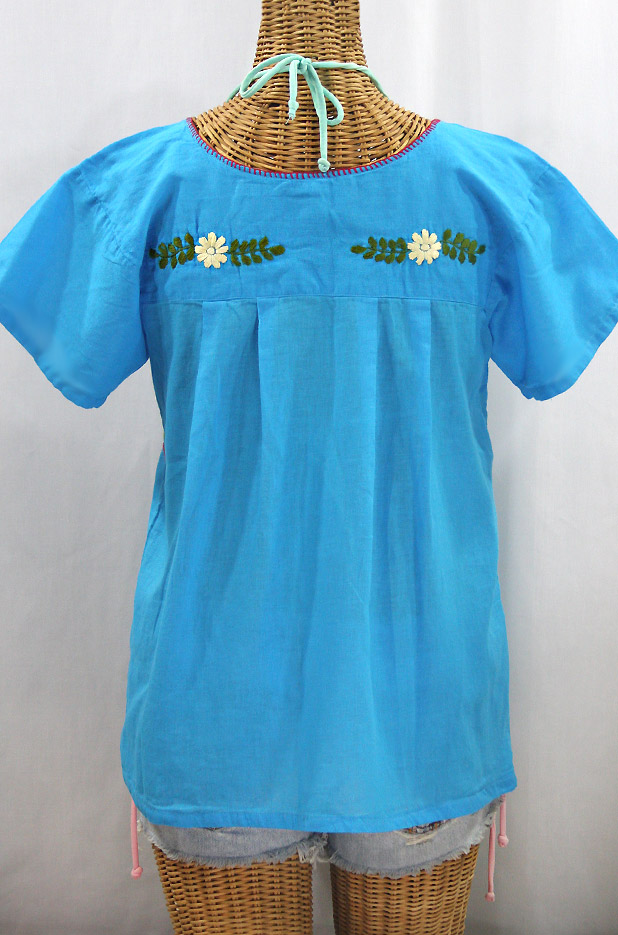 "La Valencia" Embroidered Mexican Style Peasant Top -Aqua + Multi