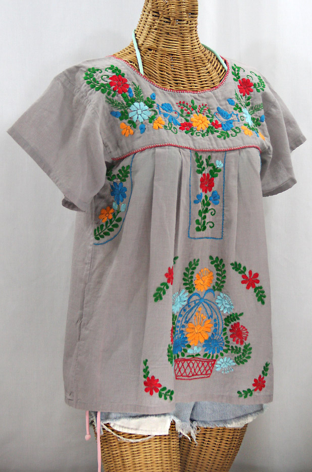 "La Valencia" Embroidered Mexican Style Peasant Top - Grey + Fiesta