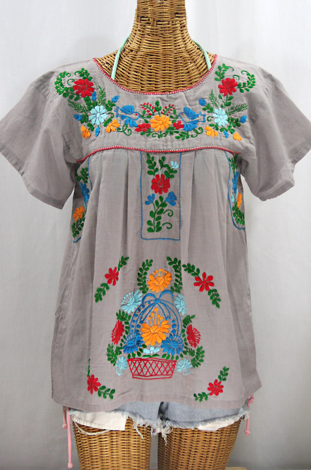 "La Valencia" Embroidered Mexican Style Peasant Top - Grey + Fiesta