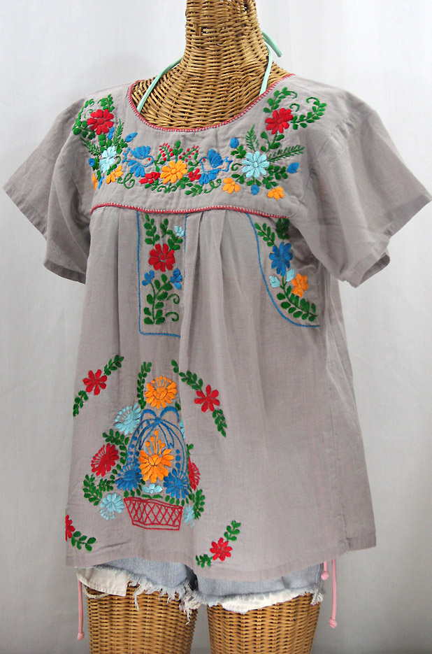 FINAL SALE -- "La Valencia" Embroidered Mexican Style Peasant Top - Grey + Fiesta