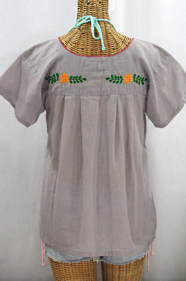 "La Valencia" Embroidered Mexican Style Peasant Top - Grey + Fiesta