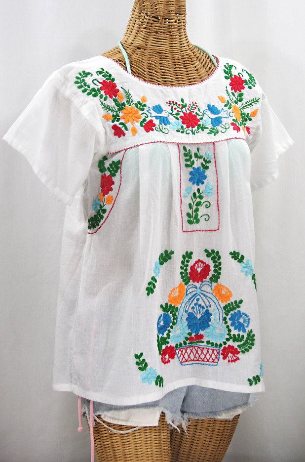 "La Valencia" Embroidered Mexican Style Peasant Top - White + Fiesta