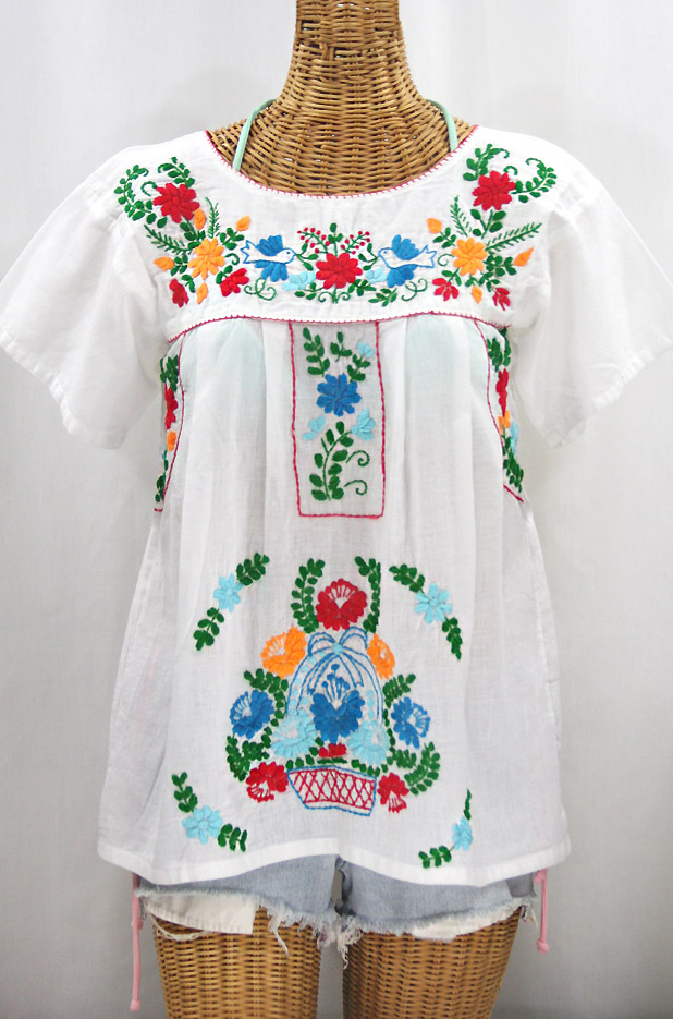 "La Valencia" Embroidered Mexican Style Peasant Top - White + Fiesta