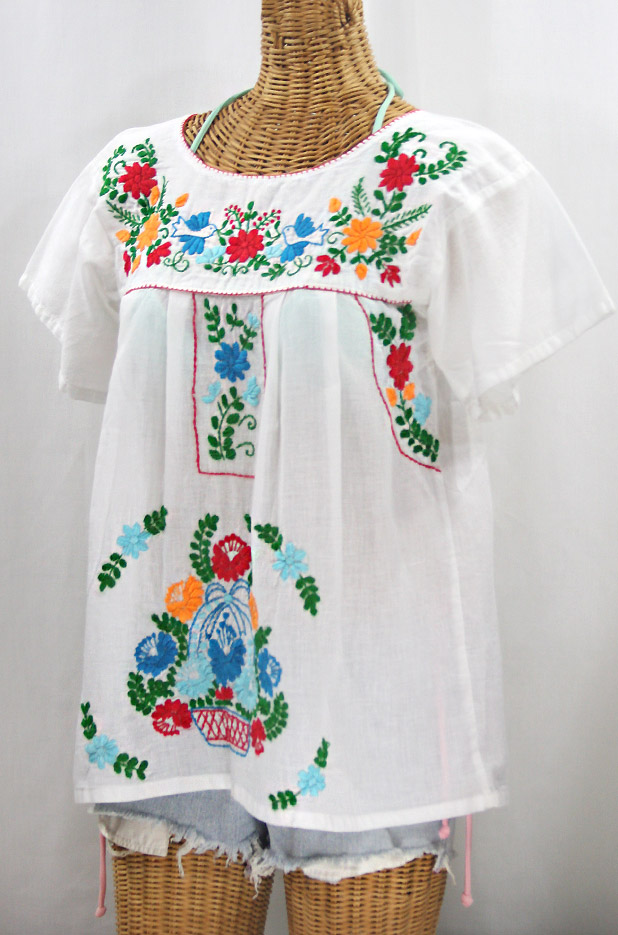 "La Valencia" Embroidered Mexican Style Peasant Top - White + Fiesta