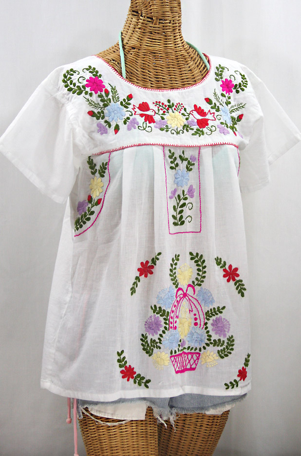 "La Valencia" Embroidered Mexican Style Peasant Top - White + Multi