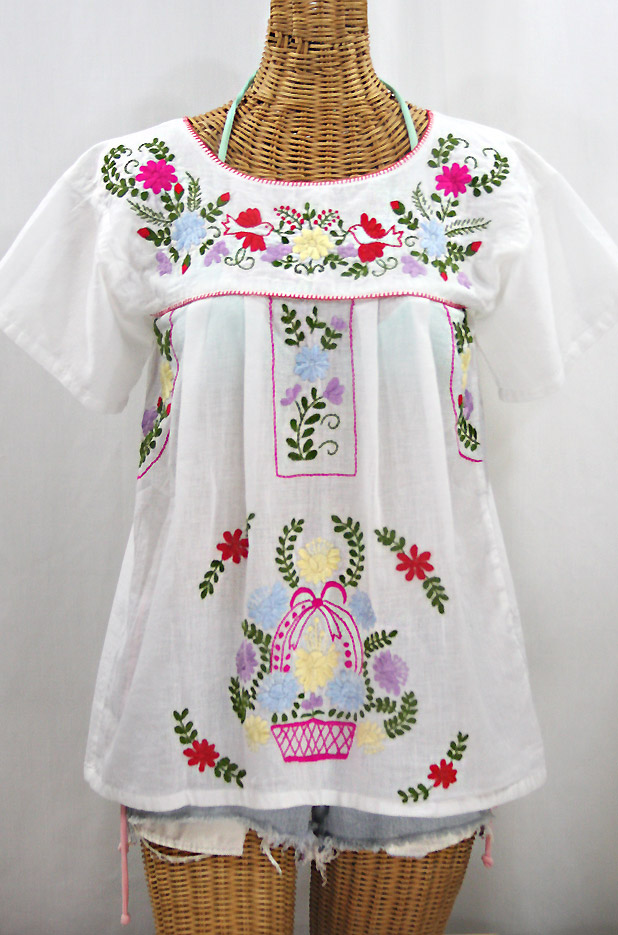 "La Valencia" Embroidered Mexican Style Peasant Top - White + Multi