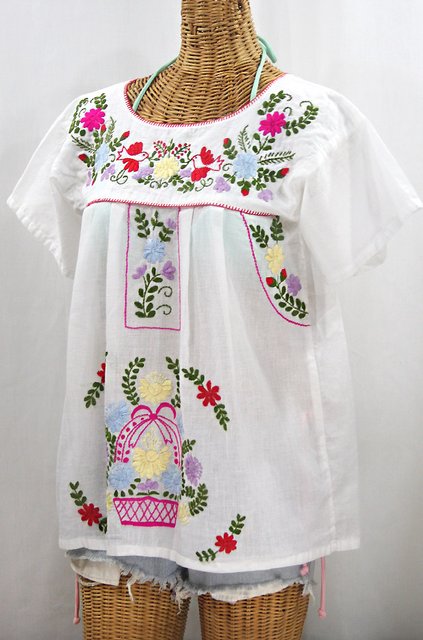 "La Valencia" Embroidered Mexican Style Peasant Top - White + Multi