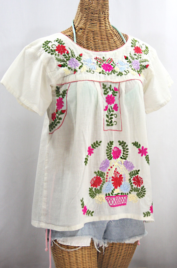 "La Valencia" Embroidered Mexican Style Peasant Top - Off White + Multi