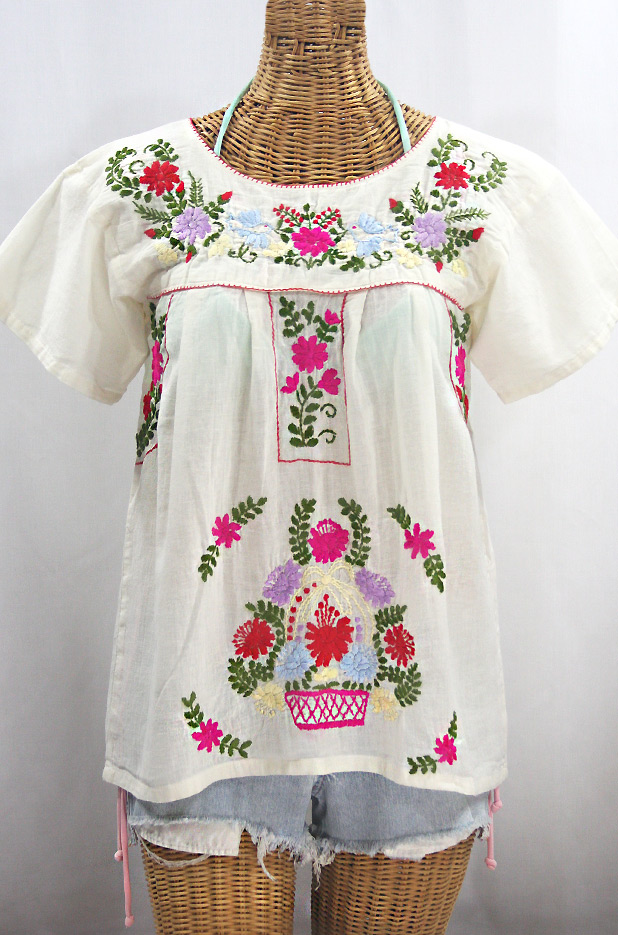 "La Valencia" Embroidered Mexican Style Peasant Top - Off White + Multi