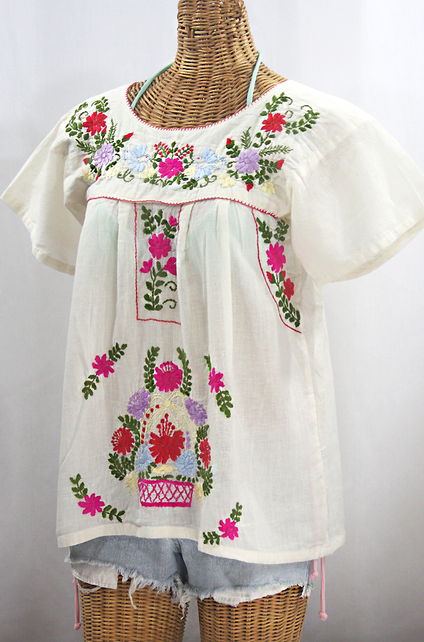 "La Valencia" Embroidered Mexican Style Peasant Top - Off White + Multi