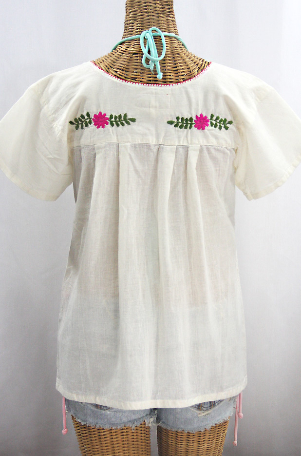 "La Valencia" Embroidered Mexican Style Peasant Top - Off White + Multi