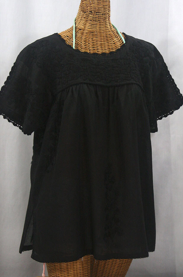 "Lijera Libre" Plus Size Embroidered Mexican Blouse - All Black