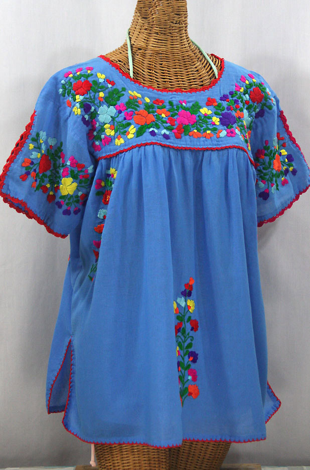 "Lijera Libre" Plus Size Embroidered Mexican Blouse - Light Blue + Rainbow Embroidery