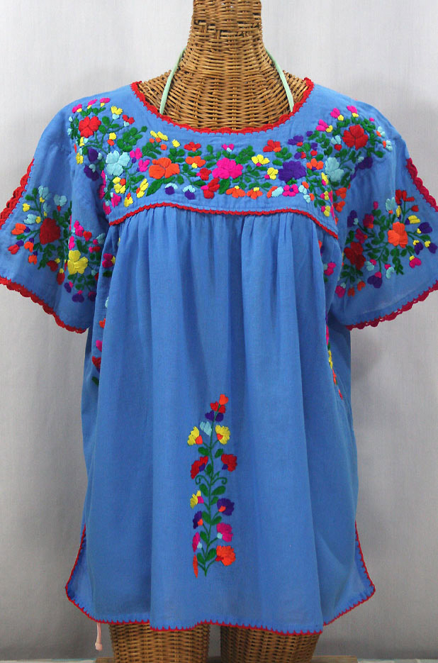 "Lijera Libre" Plus Size Embroidered Mexican Blouse - Light Blue + Rainbow Embroidery