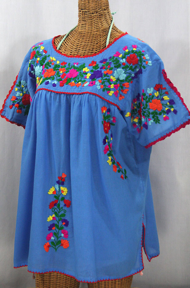 "Lijera Libre" Plus Size Embroidered Mexican Blouse - Light Blue + Rainbow Embroidery