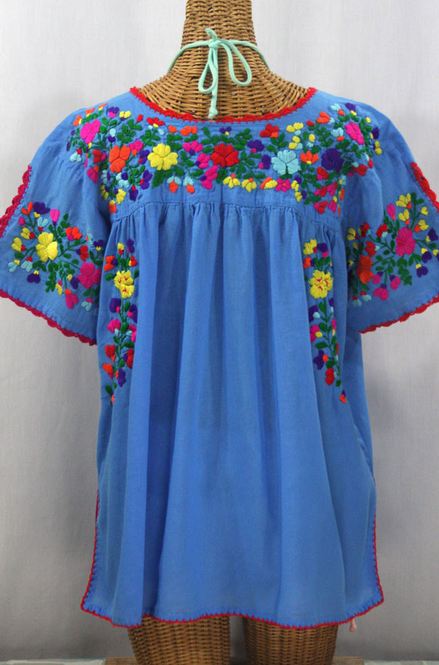 "Lijera Libre" Plus Size Embroidered Mexican Blouse - Light Blue + Rainbow Embroidery