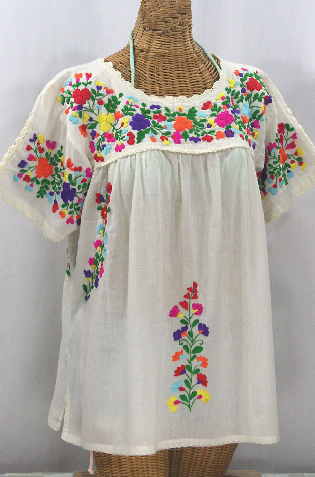"Lijera Libre" Plus Size Embroidered Mexican Blouse - Off White + Rainbow Multi