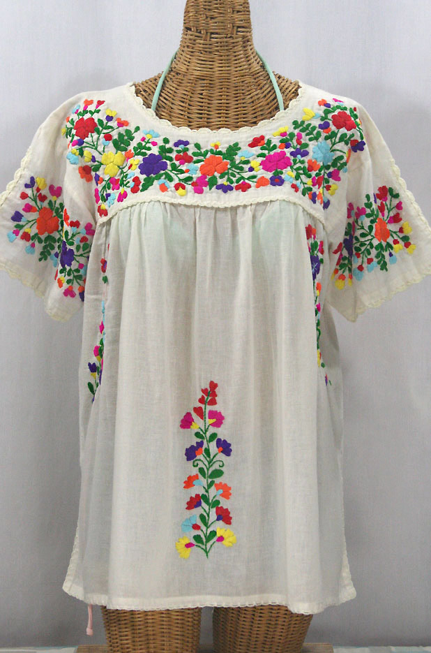 "Lijera Libre" Plus Size Embroidered Mexican Blouse - Off White + Rainbow Multi