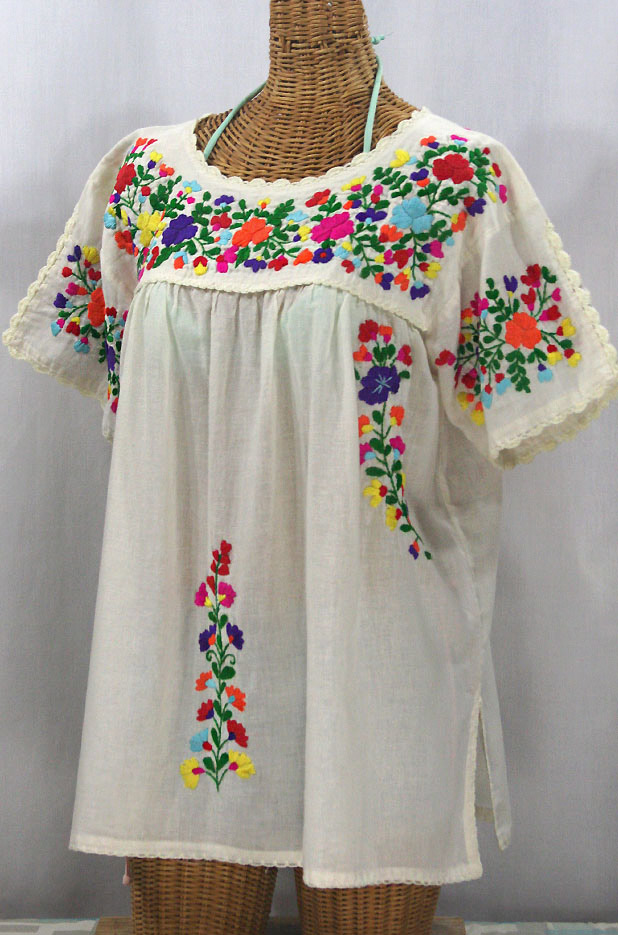 "Lijera Libre" Plus Size Embroidered Mexican Blouse - Off White + Rainbow Multi