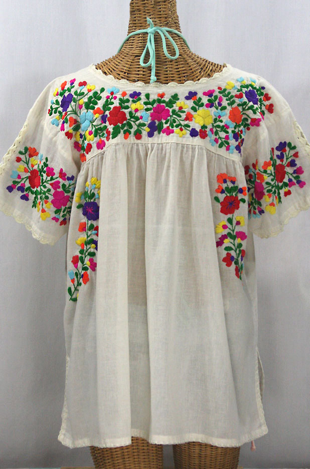 "Lijera Libre" Plus Size Embroidered Mexican Blouse - Off White + Rainbow Multi