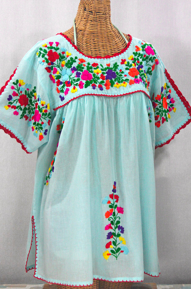 "Lijera Libre" Plus Size Embroidered Mexican Blouse - Pale Blue + Rainbow Embroidery