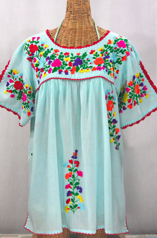 "Lijera Libre" Plus Size Embroidered Mexican Blouse - Pale Blue + Rainbow Embroidery