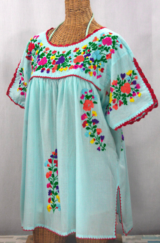 "Lijera Libre" Plus Size Embroidered Mexican Blouse - Pale Blue + Rainbow Embroidery