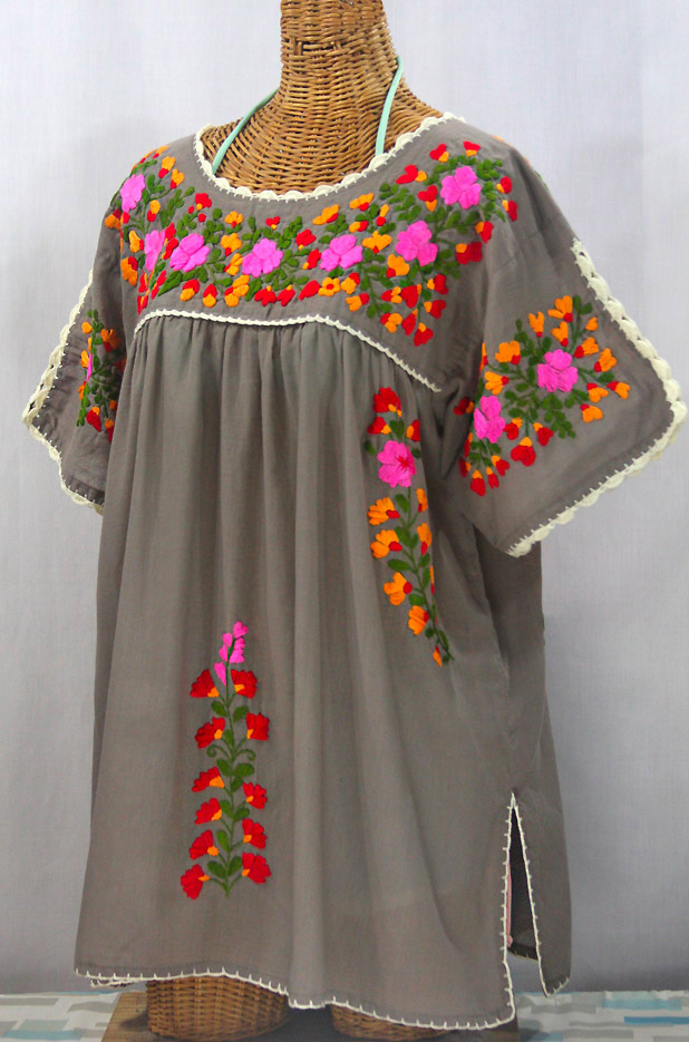 "Lijera Libre" Plus Size Embroidered Mexican Blouse - Taupe + Brignt Mix Embroidery
